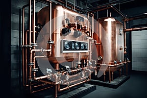Boiler Room Equipment with Copper Pipeline of Heating System. Generative ai