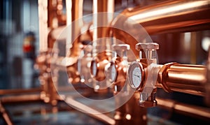 Boiler room equipment for modern heating system. Copper pipeline of a heating system in boiler room.