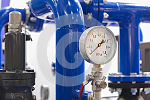 Boiler room gas pressure meter. Industrial concept. equipment of the boiler-house, - valves, tubes, pressure gauges manometer