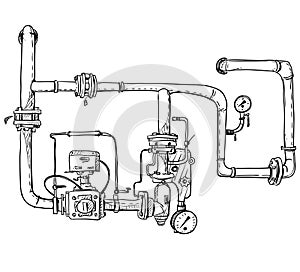 Boiler room. Pipes. Vector sketch.