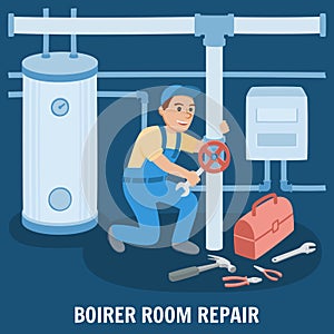 Boiler Room Repair. Vector Illustration.