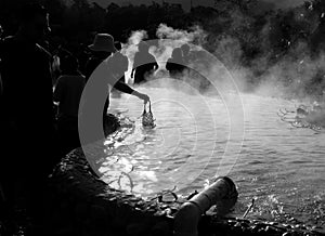 Boiling Eggs in Hot Spring Water Pool