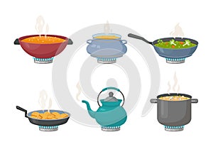 boiling food. preparing products on gas stove boiled water in pan and frying pot. Vector cooking in kitchen