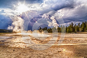 Boiling hot water and steam at Lower Geyser Basin in Yellowstone National Park.