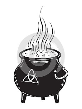 Boiling magic cauldron vector illustration. Hand drawn wiccan design, astrology, alchemy, magic symbol or halloween design