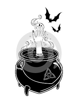 Boiling magic cauldron with witch hand and bats vector illustration. Hand drawn wiccan design, astrology, alchemy, magic symbol or