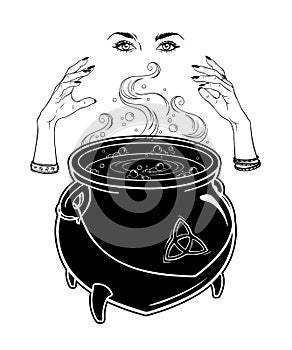 Boiling magic cauldron and witch hands cast a spell vector illustration. Hand drawn wiccan design, astrology, alchemy, magic photo