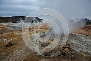 Boiling mudpots in the geothermal area Hverir and cracked ground around, Iceland in summer. Myvatn region,