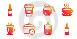 Boiling pan, Takeaway coffee and Beer bottle icons set. Coffeepot, Cappuccino and Cooler bottle signs. Vector