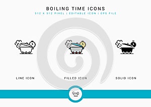 Boiling time icons set vector illustration with solid icon line style. Kitchen utensils concept.