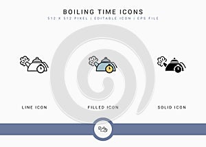 Boiling time icons set vector illustration with solid icon line style. Kitchen utensils concept.