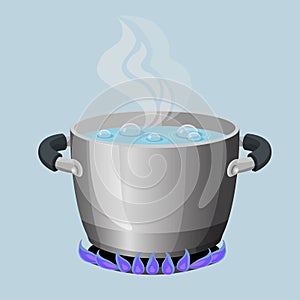Boiling water in aluminium pot on gas flame realistic vector illustration