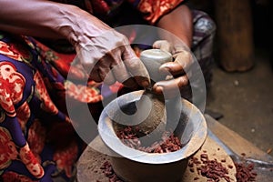 boiling water in a black clay coffee pot jebena