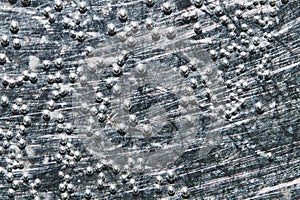 Boiling water bubbles close up. abstract texture with water drops on metal plate. gray rough background