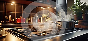 Boiling water in a cooking pot an pan on a induction stove in the modern kitchen