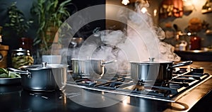 Boiling water in a cooking pot an pan on a induction stove in the modern kitchen