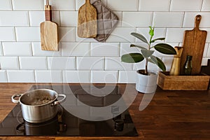 Boiling water in a cooking pot an a pan on a induction stove in the modern white kitchen