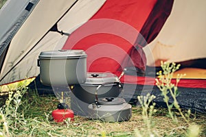 Boiling water in kettle on portable camping stove