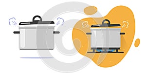 Boiling water pan pot cooking soup on fire gas stove steaming icon vector flat cartoon illustration graphic image clipart