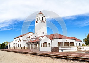 Boise City train Depot with tracks and blue sky