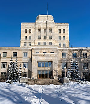 Boise government building in winter with blue sky and snow