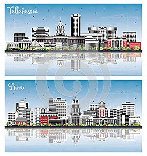 Boise Idaho and Tallahassee Florida City Skyline Set with Color Buildings, Blue Sky and Reflections