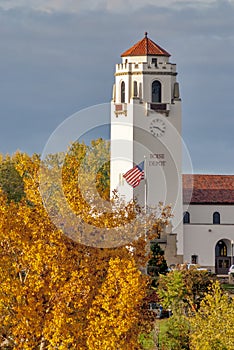 Boise Train Depot in autumn with American flag