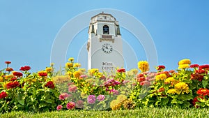 Boise train depot and colorful flowers
