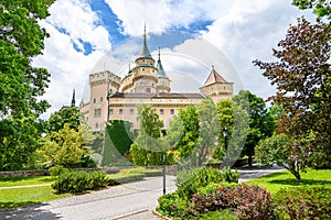 Bojnice castle park with neogothic castle in background Bojnice, Slovakia photo
