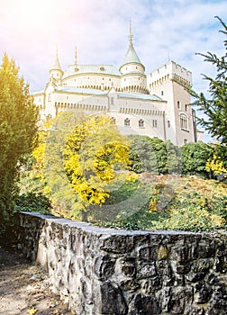 Bojnice castle in Slovak republic, autumn scene, sun rays