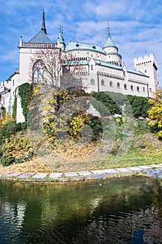 Bojnice castle with water reservoir in Slovak republic, seasonal