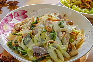 bok choy cabbage and mushroom vegetable stir fry close up. Chinese food