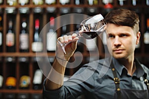 Bokal of red wine on background, male sommelier appreciating drink