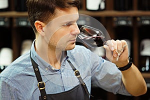 Bokal of red wine on background, male sommelier appreciating drink