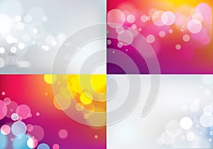 Bokeh abstract blurry lights backgrounds set. Colorful vector illustrations for your design. Holidays magic festive shiny theme