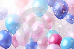 Bokeh background with balloons and confetti. Vector illustration, Celebratory background with pink and blue balloons, confetti,