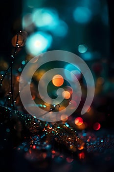Bokeh background with bright glowing lights and water droplets