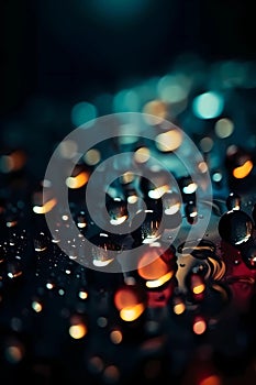 Bokeh background with bright glowing lights and water droplets