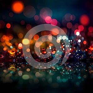 Bokeh background with bright glowing lights and water droplets