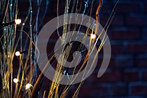 Bokeh blurred photograph of sparkling glowing fairy lights with brown twigs and golden glitter