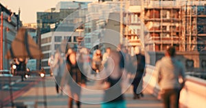 Bokeh, busy and people on a city bridge, work travel, fitness running and morning in an urban society. Blurry, walking