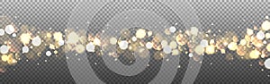 Bokeh Christmas banner. Luxury glitter effect on transparent background. Gold defocused lights and glowing particles