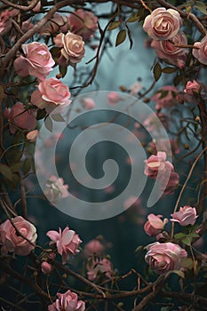 Bokeh dark fantasy forest background. Intricate creative floral frame with pink roses