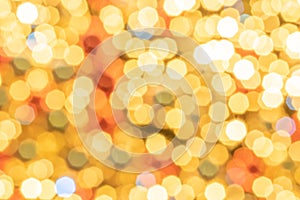 Bokeh fashion. Gold glitter abstract lights. Festive blur background. Soft yellow christmas backdrop