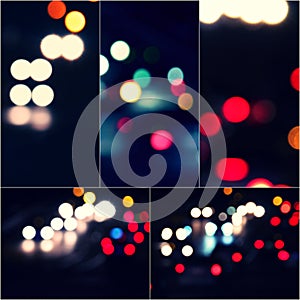 Bokeh and flare of blured background night scene set of images. Night blurred lights collage