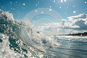 Bokeh light with wave splash and blue sky photo