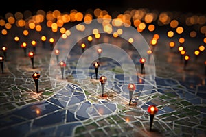 Bokeh lights on a map, marking locations in Paris