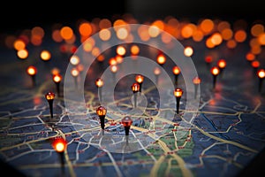 Bokeh lights on a map, marking locations in Paris