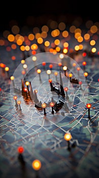 Bokeh lights on a map, marking locations in Paris