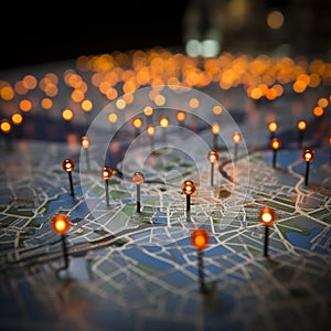 Bokeh lights on a map, marking locations in Paris